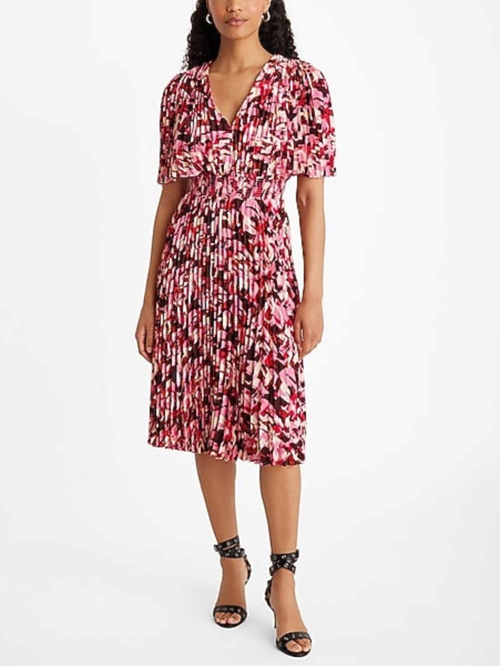 Express Printed Pleated V-Neck Short Sleeve Midi Dress Size xs